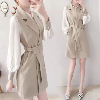 

2 PCS Women Spring Autumn Long Vest + Dress