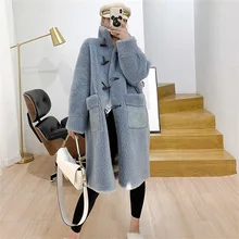 Меховое пальто Женское зимнее свободное шерстяное пальто с широкой талией воротник-стойка длинное с роговыми пуговицами Женское пальто из искусственного меха