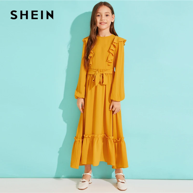 SHEIN Kiddie/однотонное платье с оборками на подоле для девочек с поясом; коллекция года; сезон осень; милые детские макси платья с высокой талией на молнии сзади