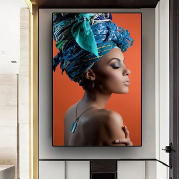 

African Nude Woman Headband Portrait Scandinavian Cuadros Posters and Prints Wall Art for Living Room Home Decor (No Frame)