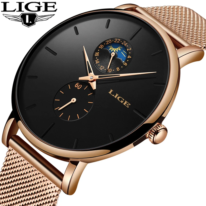 

LIGE New Fashion Mens Business Casual Watches 24 hrs Unique Design Quartz Gold Watch Waterproof Sport WristWatch erkek kol saati