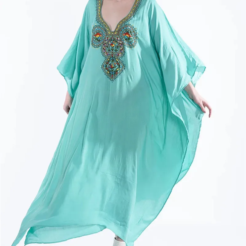 Summer Beach Dress For Beaches Bathing Suit Cover Up Swimwear Pareo Blue Green Embroidered Cotton Loose Swimsuits With