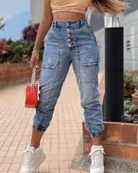 2021 calças de brim femininas casual botão voar slant bolso cintura alta jeans magros