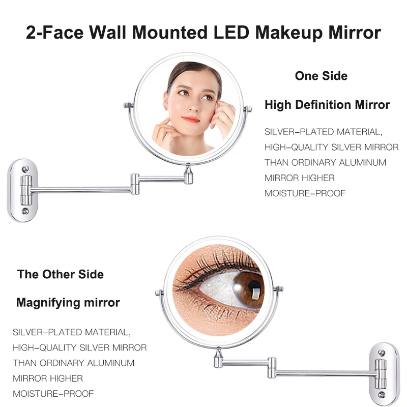 Настенное зеркало для ванной комнаты, светодиодное зеркало для макияжа с 10-кратным увеличением, регулируемое косметическое зеркало, настенные зеркала, зеркала с сенсорным затемнением