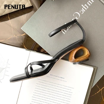 

2020 PENUTA Irregular Strange Heel Sandal Genuine Leather Ladies Summer Shoes Ankle Strap Women Gladiator Sandals Newest X0026