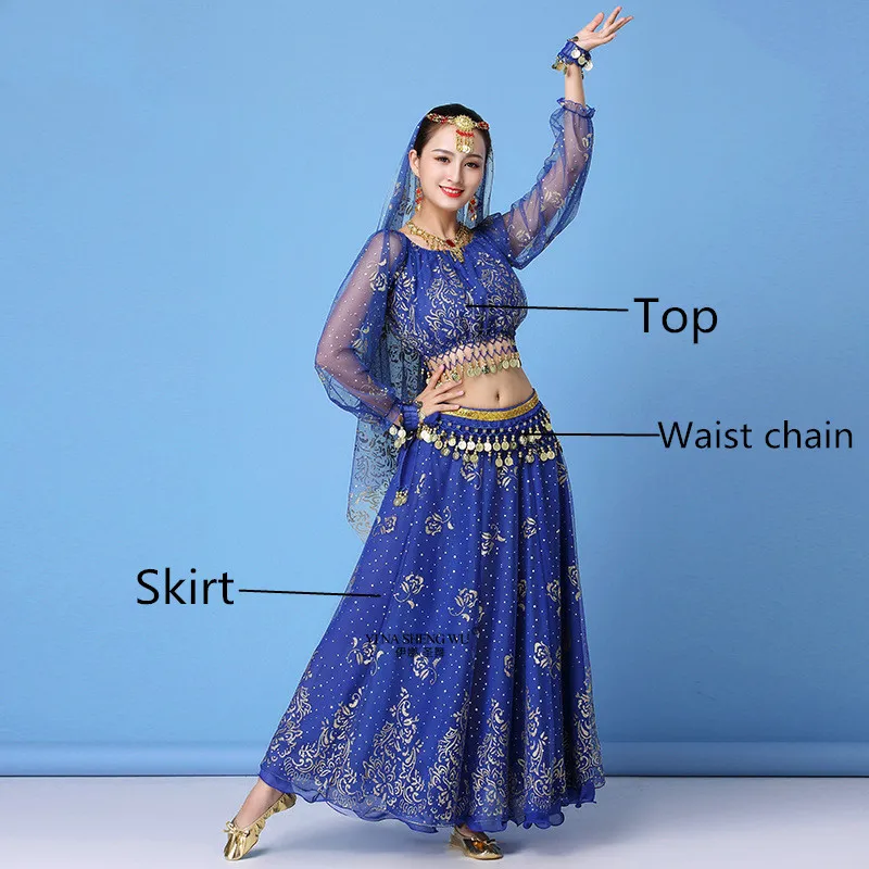Bollywood Dress Costume Women Set Indian Dance Sari Belly Dance Outfit Performance Clothes Chiffon Top+Skirt+Waist chain 8pcs - Цвет: Royal blue 3pcs