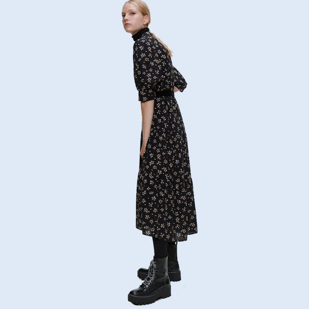 ZA Autumn Winter New Black Print Sleeve Dress Fashion Occident Women Clothes Loose Casual Pleated Dress Vacation Travel