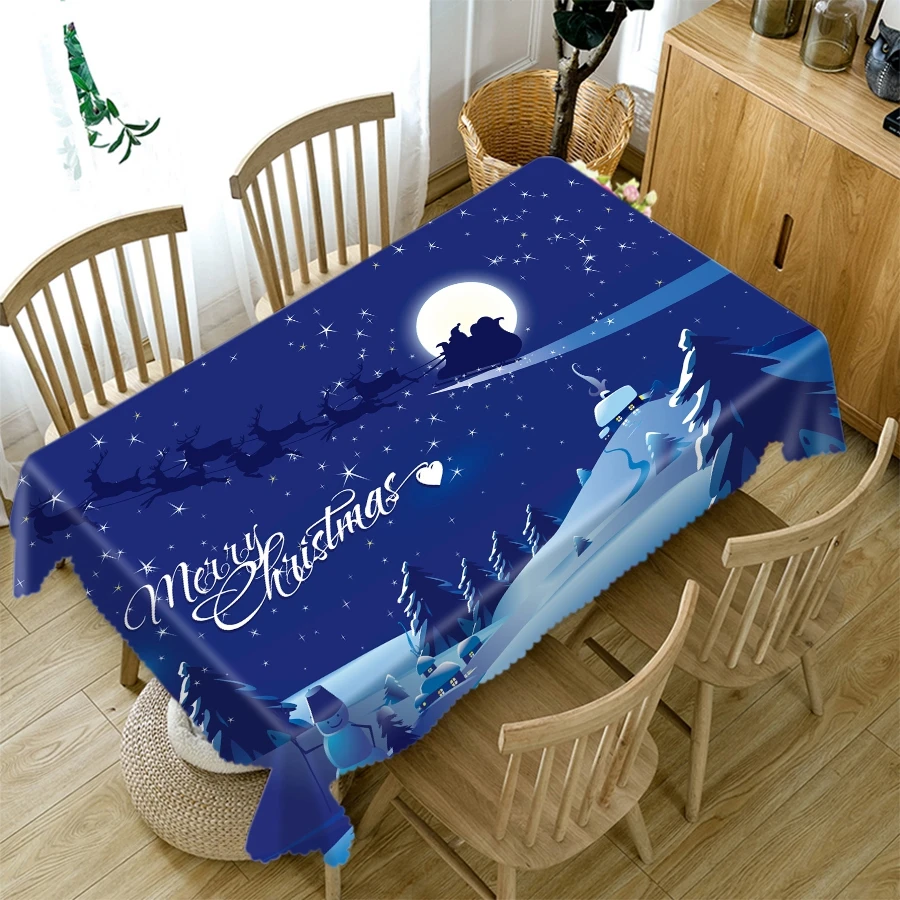 3d Christmas Tablecloth Snow Santa and Elk Pattern Thick Cotton Cloth Rectangular Round Table Cloth for Christmas