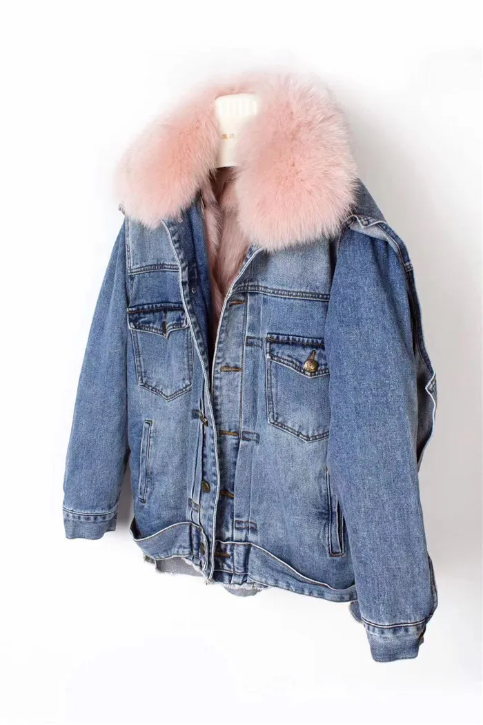 real fur coat Winter Jacket Women Coat Real fox Fur lined denim jacket Parka back letter print