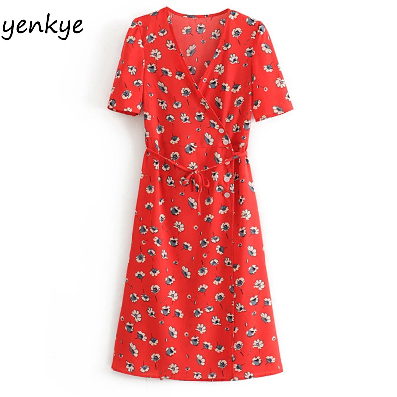 

Elegant Women Sweet Floral Print Wrap Dress Lady Short Sleeve Cross V Neck Midi A-line Summer Chiffon Dress Casual vestidos