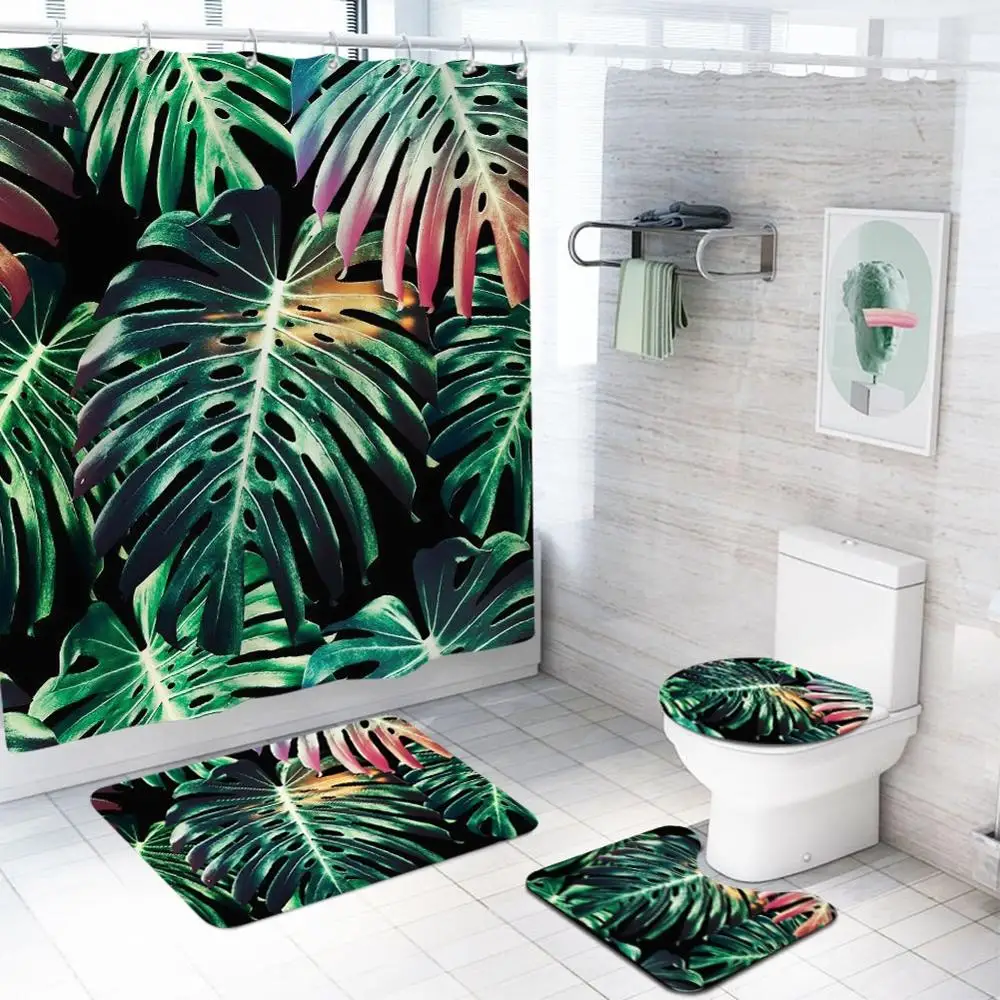

Tropical Plant Pattern Bathroom Shower Curtain Set Bathroom Mat Outline Carpet Toilet Cover Four-Piece Combination