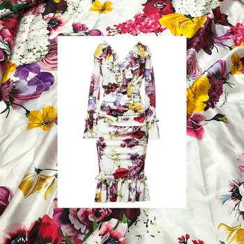 

Flower printed polyester fabric meter summer dress stretch satin fabric handmade DIY clothing fabric wholesale cloth