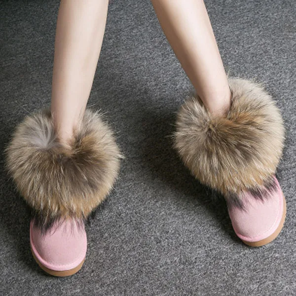 Женские ботинки из натуральной кожи с натуральным лисьим мехом; брендовая зимняя обувь; теплые черные повседневные женские зимние сапоги с круглым носком размера плюс; Новое поступление - Цвет: Pink Shoes
