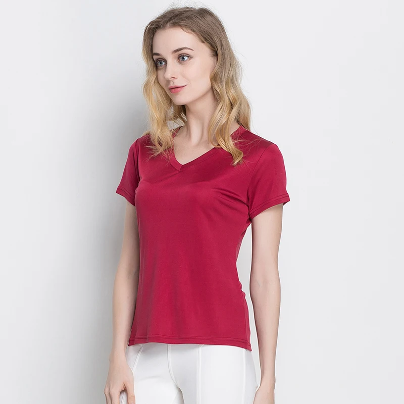 

100% Pure Silk Women's Short Sleev T-Shirts V Collar Ladies Wild Woman Wears Female Basic Model Bottom Women Tee Shirt Tops
