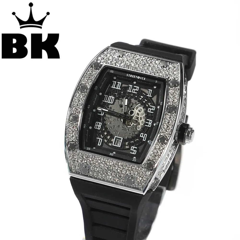 

Hip Hop Full Iced Out Square Men Watches Stainless Steel Mechanical Luxury Rhinestones Quartz Square Wristwatches Business Watch