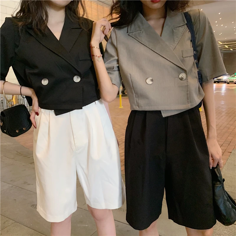 Summer New Style Korean-style Double Breasted Loose-Fit Short-sleeved Top Western Style Short Navel Small Suit Coat WOMEN'S