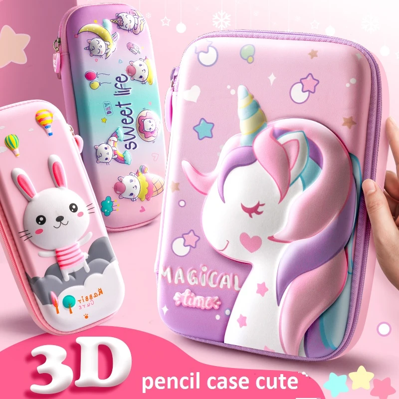 Estuche de lápices de 3D, bolsa de EVA rosa para escuela, papelería Kawaii, de regalo, reglas, soporte para borrador, estética| Estuches escolares| AliExpress