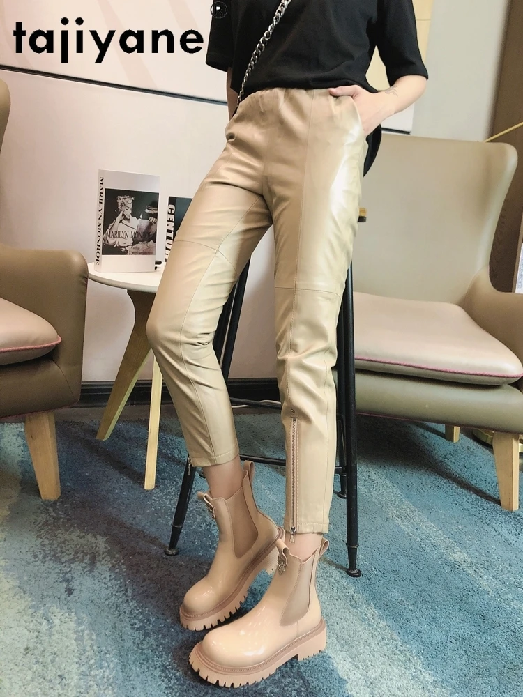 Tajiyane Pants for Women 2020 Real Sheepskin Wide Leg Pants Woman Genuine Leather High Waisted Trousers Spodnie Damskie TN1203 grey sweatpants