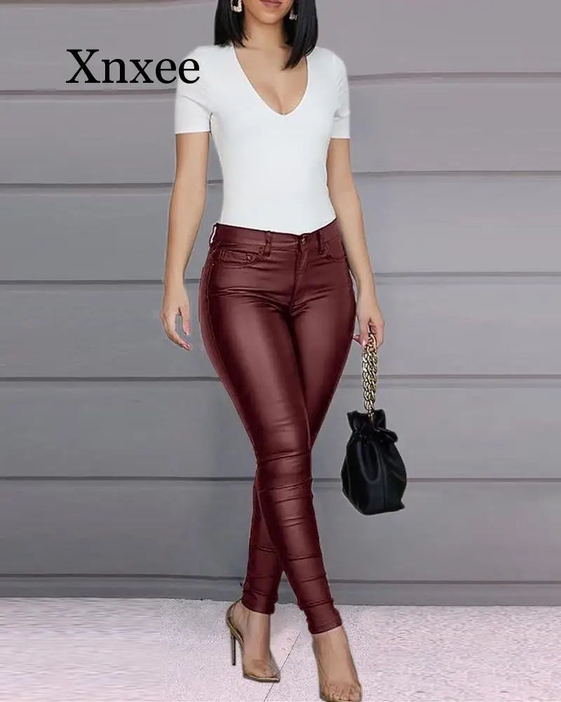 

zipper elegant slim long pants Women Faux Leather Pants Female Elastic Stretch Skinny Pencil Pant Tight Trouser