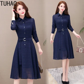 

Navy Vintage Woman Dress Elegant Female Office Lady Work Dresses Plus Size 5LX 4XL 3XL Shirt Dress High Waist HC376