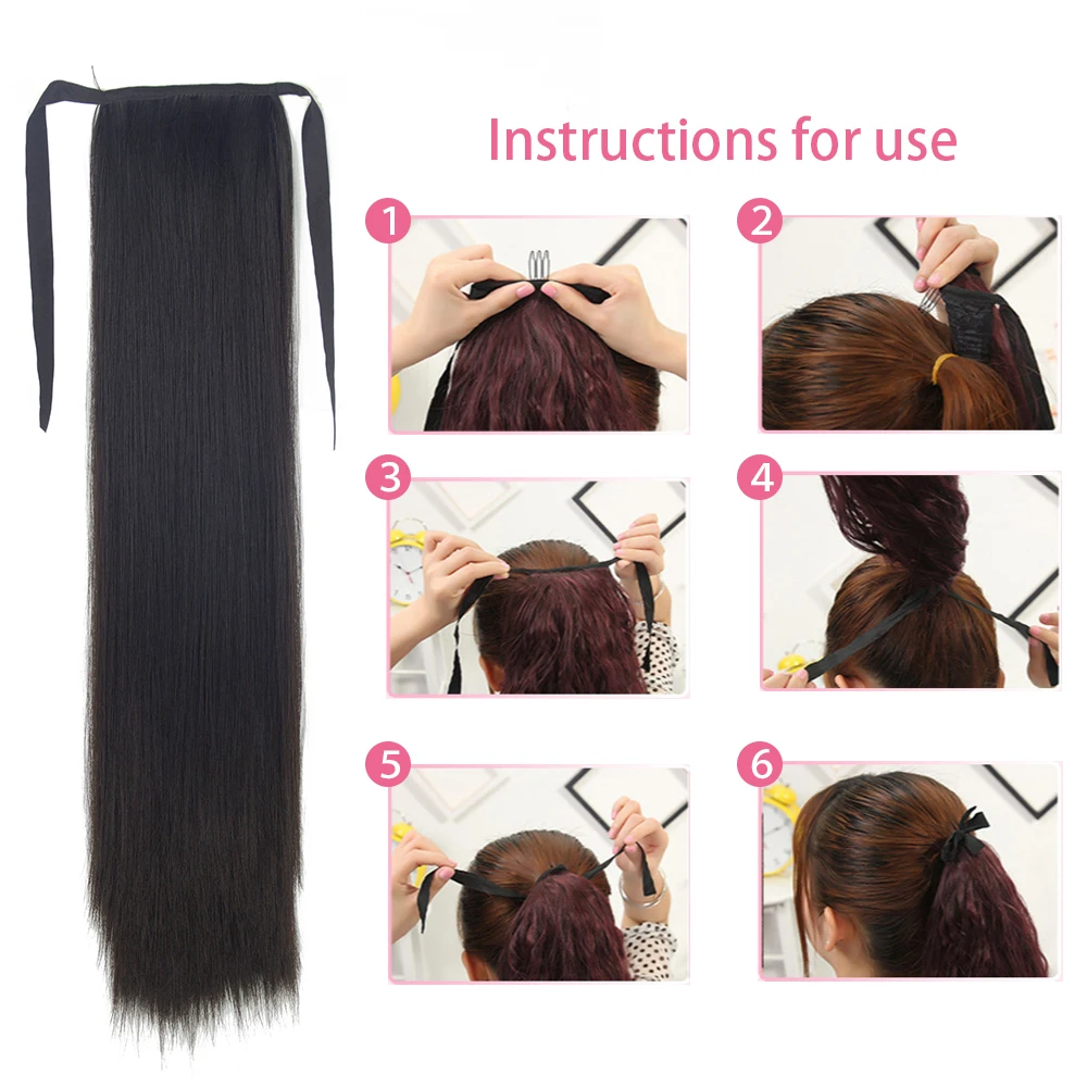 Azqueen-cauda sintética do cabelo para mulheres, grampo reto, extensões da cauda do pônei, 22 