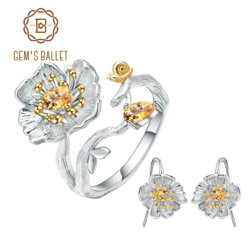 

GEM'S BALLET Yellow Elegant Flowers Natural Citrine Ring Earrings Set 925 Sterling Silver Handmade Set For Women Fine Jewelry