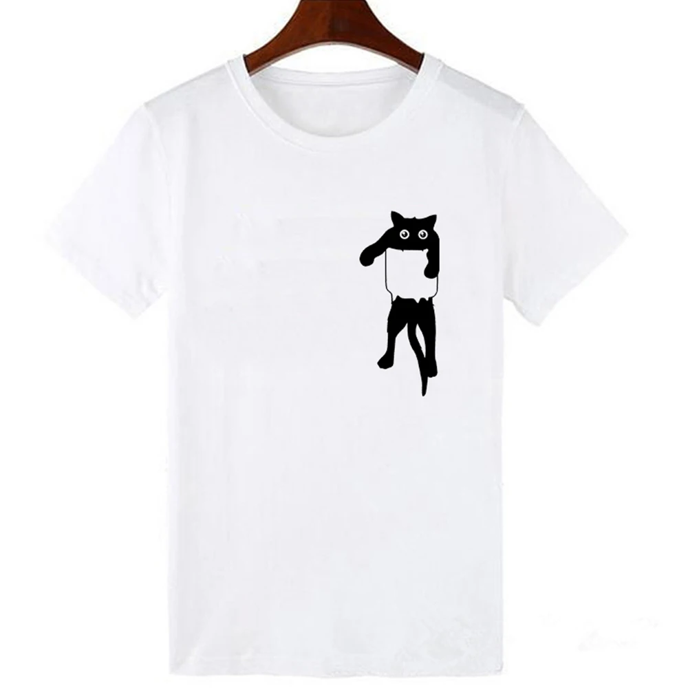 LUCKYROLL, новинка, Harajuku, футболка с котенком, женская, с карманом, с принтом кота, короткий рукав, Топы И Футболки, модная повседневная футболка