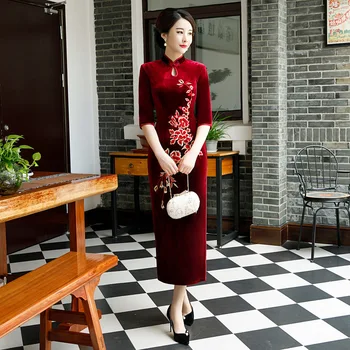 

Lady Sexy Cheongsam Chinese Traditional Formal Party Dress Winter New Velvet Embroidery Flower Qipao Elegant Oversize Vestidos