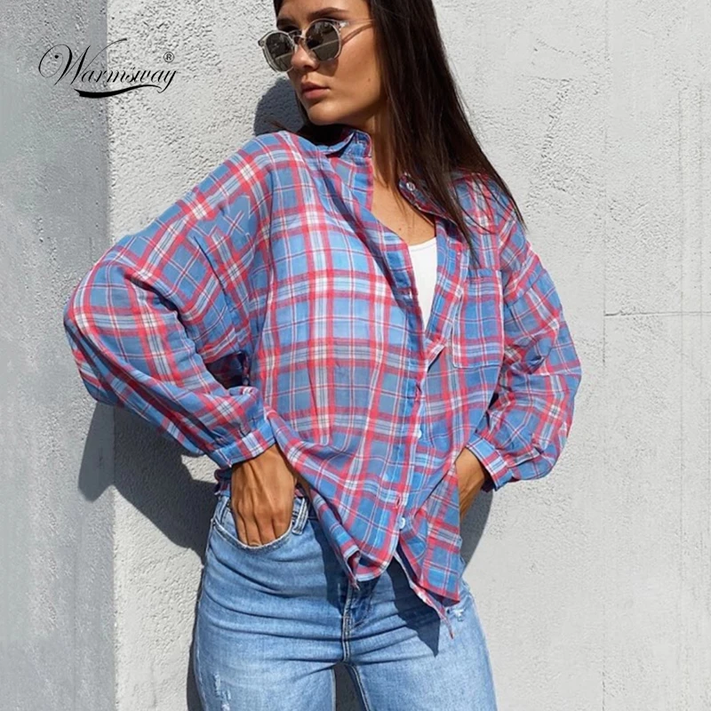 

Summer Fashion Women Chic Plaid Shirts Thin Oversized Sun Protection Blouse Long Sleeve Casual Print Stylish Tops Female A-012