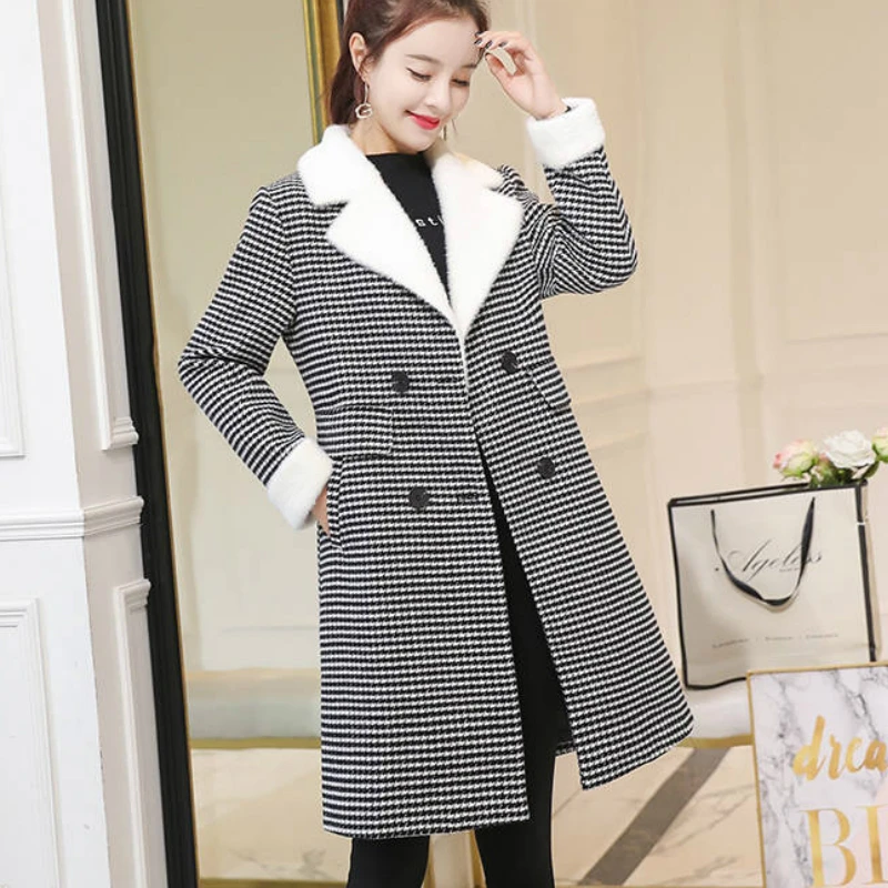 Long Houndstooth Woolen Coat Woman Plaid Jacket | Женская одежда