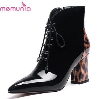 

MEMUNIA 2020 New brand genuine leather women boots sexy thick high heels pointed toe lace up winter ankle boots black