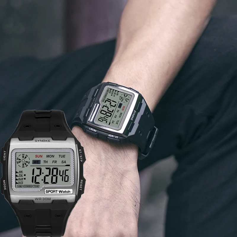 Digital Watches Chronograph SYNOKE Square Multi-Function Week-Resistant Men Women Big