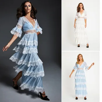 

BGW Illusion Lace Robe Soiree Femme Longue Sexy V Neck Half Sleeves A Line Tiered Evening Dress 2020 Zipper Back Two Colors