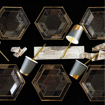 

Gold Black Disposable Tableware Set Party Paper Plates Napkins Cups Straws Birthday Party Wedding Christmas Decor Party Supplies