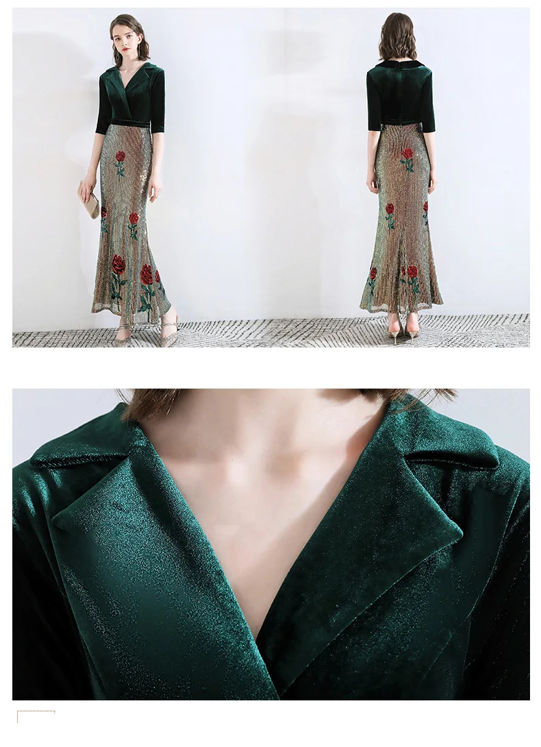 Wei yin AE0311 Robe De Soiree сексуальное платье с v-образным вырезом и рукавом средней длины, зеленое длинное вечернее платье с блестками, элегантные вечерние платья