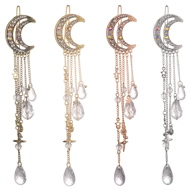 Moon Crystal Tassels Hair Clip Charming Long Elegant Hair Accessories Gold/Rose Gold/Silver/Bronze Color
