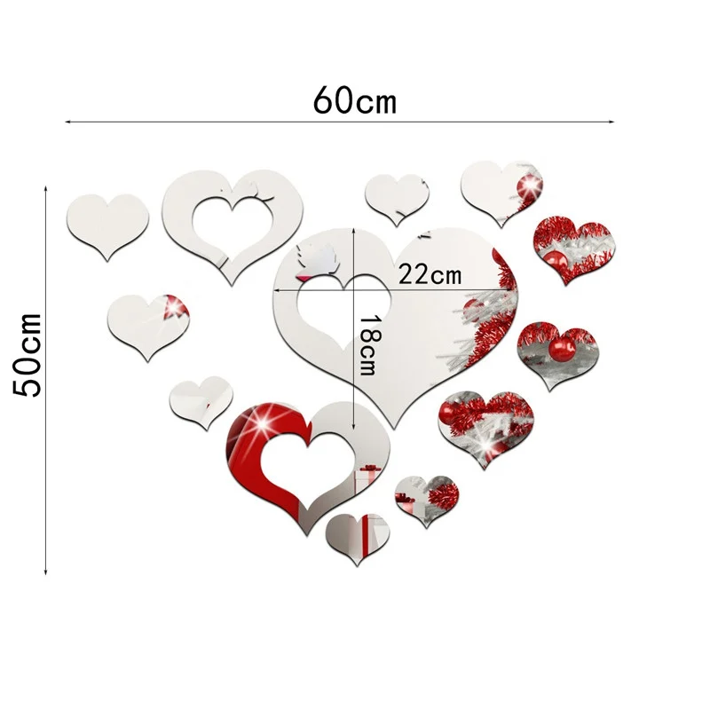 3D Mirror Wall Sticker Heart Shaped Mirror Wall Stickers Removable DIY Wall Poster Decor For Home Living Room