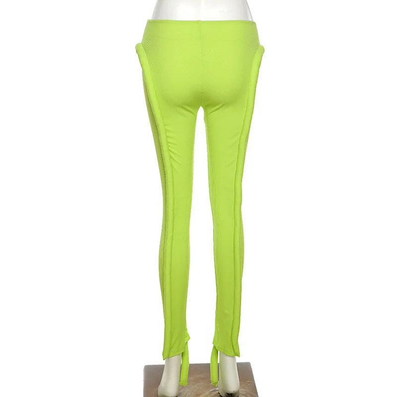WJFZQM Neon Green Ribbed Fitness Women Fashion Streetwear Mid Waist 2021 Y2K Fall Pants Casual Solid 3D Hose Decoration leggings