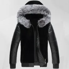 Лидирующий бренд, Мужская мотоциклетная куртка из искусственной кожи, пальто из искусственного меха, меховая отделка, с капюшоном, зимнее теплое пальто, классическое, черное, Европейский, большой размер