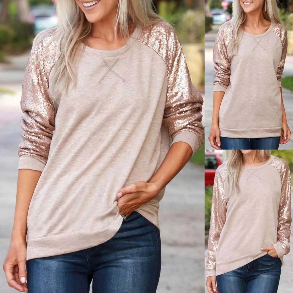 

Tshirt Women Fashoin Long Sleeve Sequined Splicing O-neck T-shirt Tops Poleras Camiseta Mujer Top Women Harajuku T Shirt Camisas