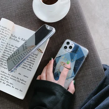 

YISHANGOU Luxury Green Geometric Case For iPhone 11 Pro Max XS XR 8 7 Plus 6 s Glitter Gold Foil Silicone Ring Stand Case Cover