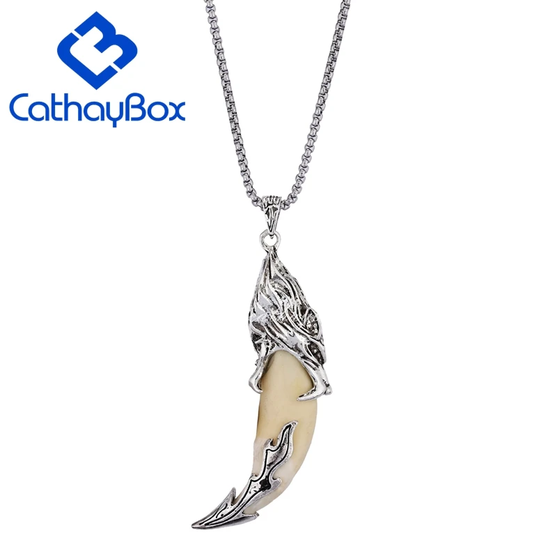Men's Trendy Wolf Tooth Pendant Tribal Design Cream Necklace Wolf Head Jewelry W/ SS Chain 24" Long L CB03B013