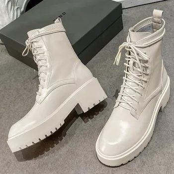 

Women's genuine leather thick sole platform flats ankle boots autumn lace-up punk martin boots soft comfortable shoes for women