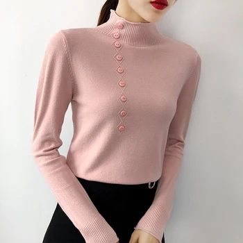

2020 Women Autumn Knitted Slim Sweaters Solid Knitted Female Cotton Soft Elastic Color Pullovers Button Full Sleeve Turtleneck
