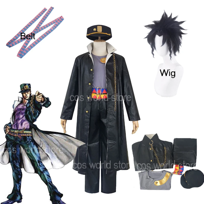 Anime Jojo S Bizarre Adventure Jotaro Kujo Cosplay Costume Black Coat Jacket Hat Headband Halloween Party Outfits Custome Wig Aliexpress