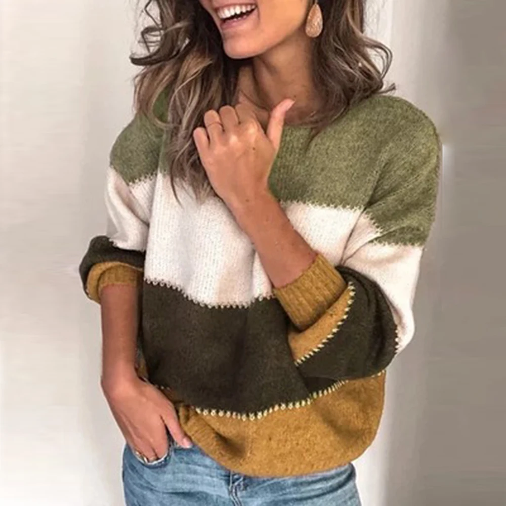 

Winter Autumn Casual Patchwork Jumper Pullovers Tops Women Knit Christmas Sweaters Pull Femme Female Sueter Mujer Invierno 2019