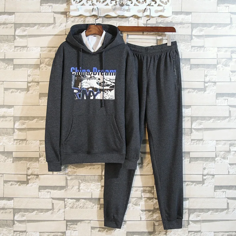 

Sweater Male Sports Suit Big Size Autumn Plus Fat plus Two-piece Set Lian Hat Sweater Fat Man Leisure Coat Spuer