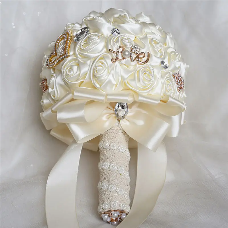 WifeLai-A 20CM Ivory Silk Rose Artificial Flower Bouquet Handmade Bridesmaid Bouquet Rhinestone Holding Flower Buque Noiva W373D