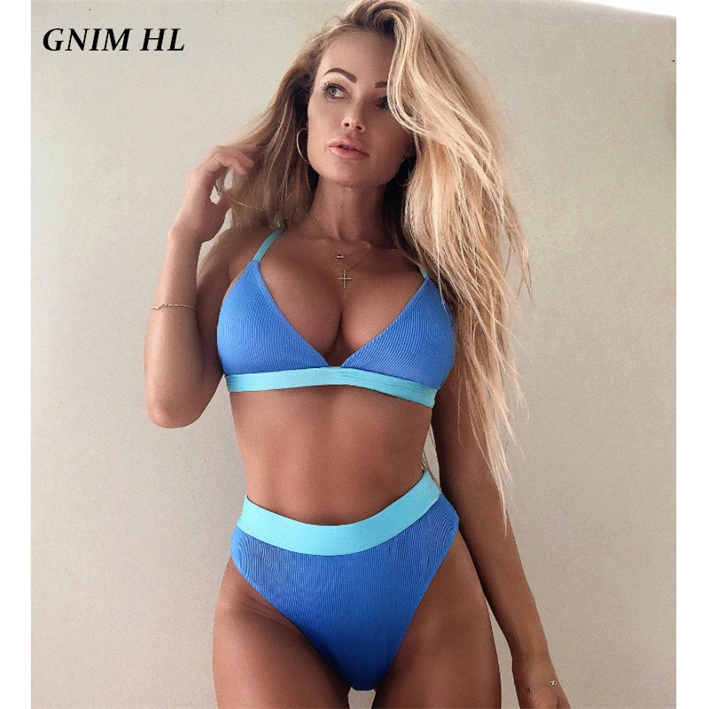 

GNIM High Waist Bikini Swimwear Women 2021 Sexy Triangle Swim Bathing Suit Biquini 2 Pieces Solid High Cut Brazilian Swimsuit