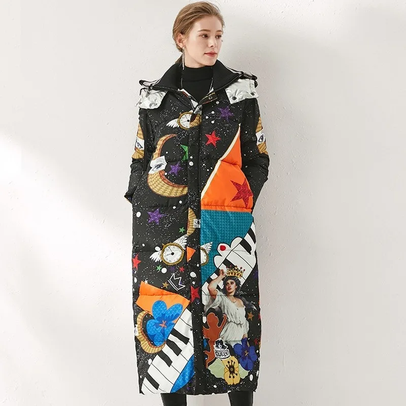 Hooded Runway Vintage X-long Thick Winter Coat White Duck Down Jackets Fashion Cartoon Print Winter Jacket Women Parka A702